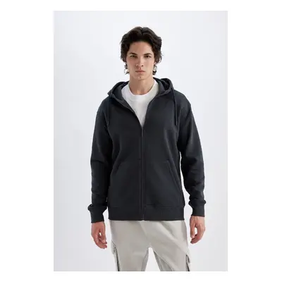 DEFACTO Regular Fit Hooded Soft Fur Inside Pocket Basic Plain Zipper Sweatshirt