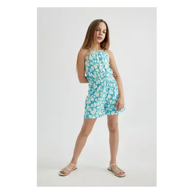 DEFACTO Girls' Strap Patterned Combed Cotton Short Jumpsuit