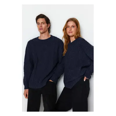 Trendyol Navy Blue Oversize Crew Neck Hair Knitted Sweater