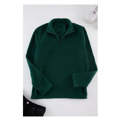 Trendyol Emerald Green Regular/Normal Cut Stand Collar Zippered Anti-pilling Fleece Sweatshirt