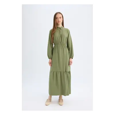 DEFACTO Shirt Collar Basic Plain Buttoned Waist Gathered Long Sleeve Maxi Dress