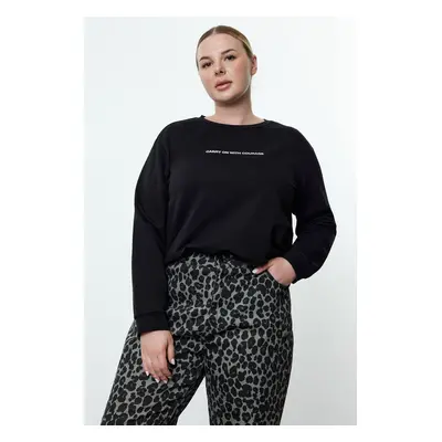 Trendyol Curve Black Slogan Regular Fit Crew Neck Plus Size Sweatshirt