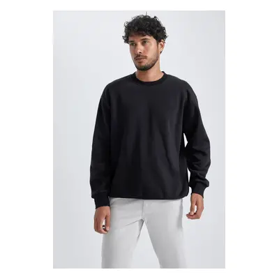 DEFACTO Black Oversize Wide Pattern Crew Neck Basic Plain Sweatshirt