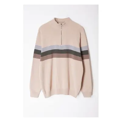 Trendyol Beige Regular Cotton Half Turtleneck Color Block Knitwear Sweater