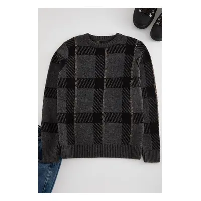 Trendyol Anthracite Regular Crew Neck Plaid / Checkered Knitwear Sweater