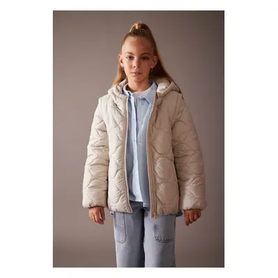 DEFACTO Girls Water Repellent Hooded Quilted Detachable Sleeve Fleece Lined Coat