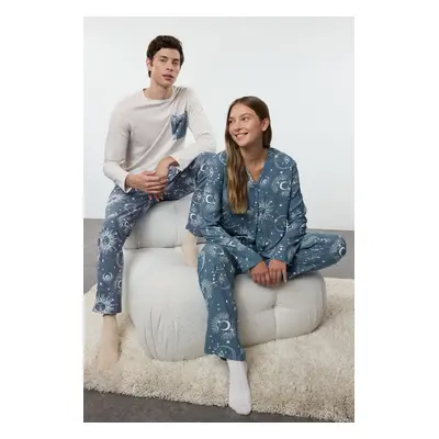 Trendyol Women's Couple Blue Galaxy Patterned Viscose Woven Pajama Set