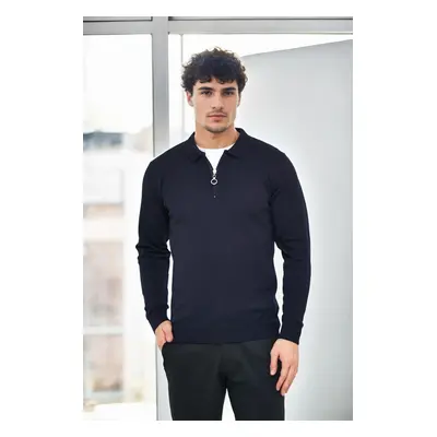 82155 Dewberry Polo Neck Half Zipper Slim Fit Mens Sweater-NAVY