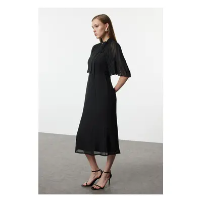 Trendyol Black Pleated Sleeve Tied Collar A-Line Lined Midi Chiffon Woven Winter Dress