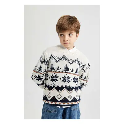 DEFACTO Boy's New Year's Themed Crew Neck Knitwear Sweater