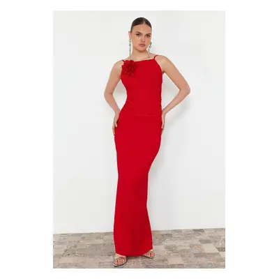 Trendyol Red Fitted Rose Detailed Woven Long Evening Dress