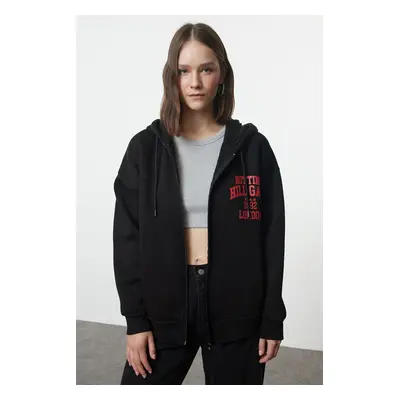 Trendyol Black Back Printed Zippered Hooded Thick Inside Fleece Oversize Knitted Sweatshirt