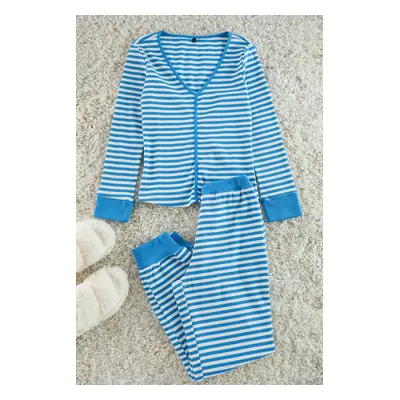 Trendyol Light Blue Striped Cuff and Piping Detailed Tshirt-Jogger Knitted Pajama Set