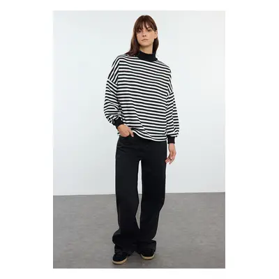 Trendyol Black Basic Striped Oversize Pattern Half Turtleneck Thick Polar Fleece Knitted Sweatsh