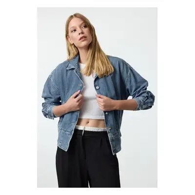 Trendyol Blue Corset Waist Detailed Bomber Denim Jacket