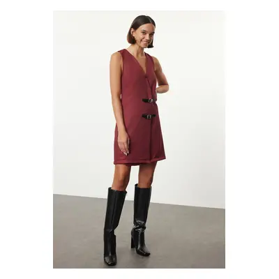 Trendyol Burgundy Straight Gilet Belt Detailed Mini Woven Dress