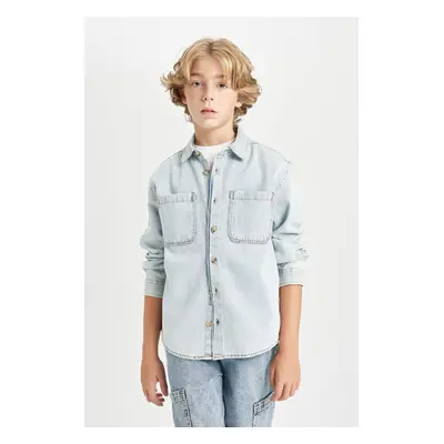 DEFACTO Boy Oversize Wide Pattern Polo Collar Pocket Jean Long Sleeve Shirt