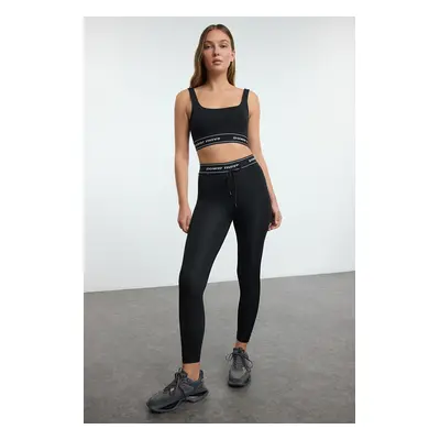 Trendyol Black Tie and Slogan Elastic Detailed Full Length Knitted Sports Leggings