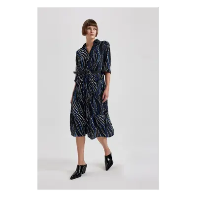 DEFACTO Shirt Collar Belted Patterned Half Sleeve Midi Dress