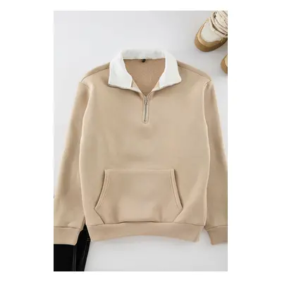 Trendyol Beige Oversize/Wide Cut Stand Collar Zippered Polar Fleece Inside/Warm Sweatshirt