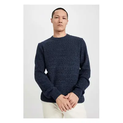 DEFACTO Navy Blue Standard Fit Regular Cut Crew Neck Textured Basic Plain Knitwear Sweater