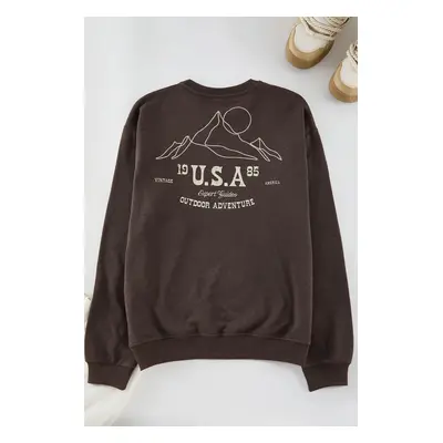 Trendyol Brown Oversize/Wide Cut Printed and Embroidered Fleece Inside Sweatshirt