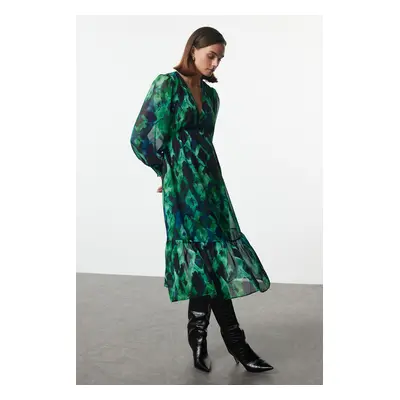 Trendyol Green Abstract Patterned Waist Opening Lined Midi Chiffon Woven Dress