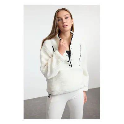 Trendyol White Snap Closure Plush Knitted Sports Sweatshirt