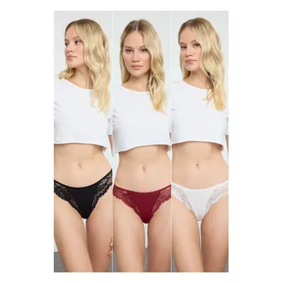 Trendyol Black-Burgundy-White 3-Pack Cotton Lace Detailed Brazilian Knitted Panties