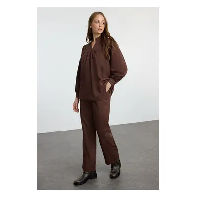 Trendyol Dark Brown Belted Poplin Woven Bottom-Top Set