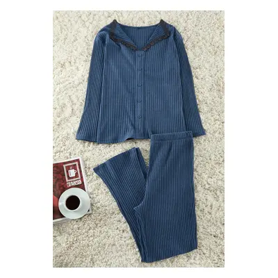 Trendyol Curve Navy Blue Corduroy Lace Knitted Pajamas Set