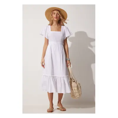 Happiness İstanbul Women's White Square Collar Linen Dress