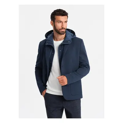 Ombre Men's jacket with hooded lining and high collar - navy blue