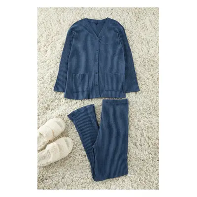 Trendyol Curve Indigo V Neck Buttoned Knitted Pajama Set