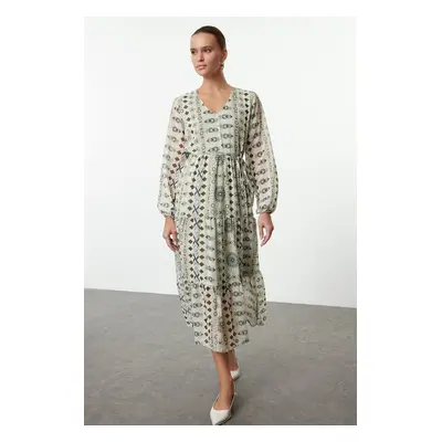 Trendyol Green Belted Ethnic A-Line Maxi Woven Winter Dress