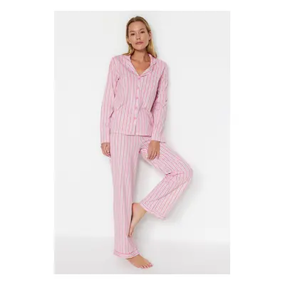 Trendyol Pink 100% Cotton Striped Shirt-Pants Knitted Pajama Set