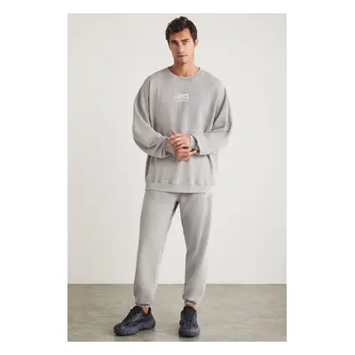 GRIMELANGE Alex Men's Knitted Crew Neck Relaxed Fit Elasticated Leg Light Gray Tracksuit Set