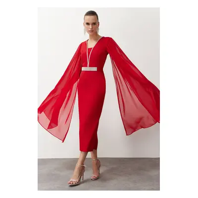 Trendyol Woven Long Stylish Evening Dress with Red Stone Accessories