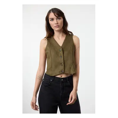 Trendyol Dark Green Fitted Buttoned Suede Crop Woven Vest