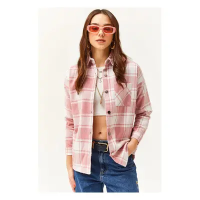 Olalook Women's Ecru Pale Pink Single Pocket Thick Plaid Lumberjack Shirt