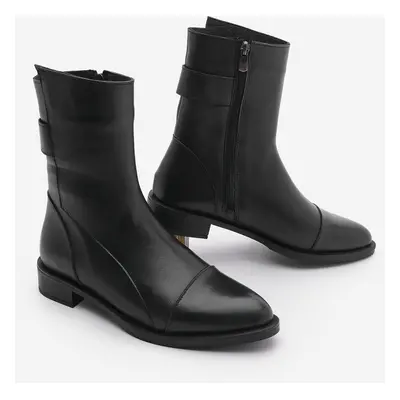 Marjin Women's Genuine Leather Casual Boots with Zipper, Black.