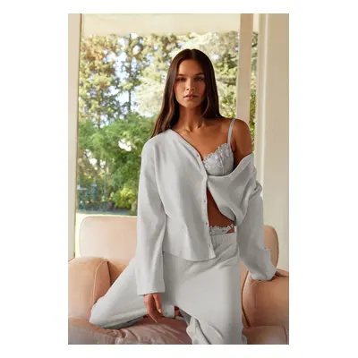 Trendyol Grey Melange Brushed Soft Ribbed Cardigan Knitted Pajama Set