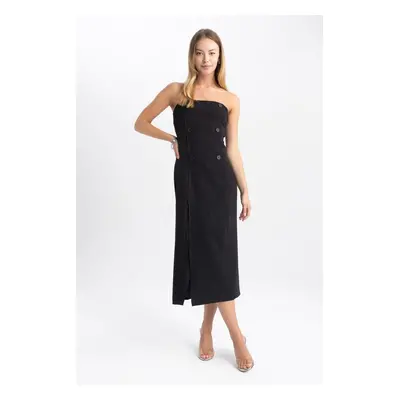 DEFACTO Strapless Basic Straight Slit Midi Black Dress