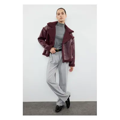 Trendyol Burgundy Plush Detailed Faux Leather Biker Jacket Coat