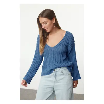 Trendyol Dark Blue Wool Wide Fit Crop Basic Knitwear Sweater