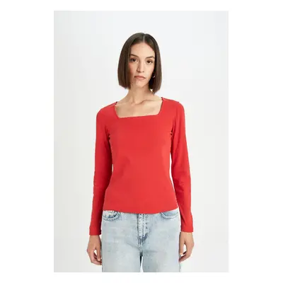 DEFACTO Regular Fit Square Neck Basic Plain Ribbed Camisole Long Sleeve Red T-Shirt