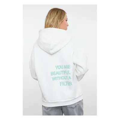 Trendyol Ecru Thick Inside Fleece Back Printed Oversize/Wide Fit Knitted Sweatshirt