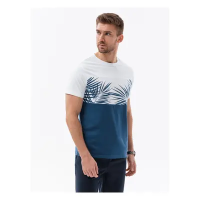 Ombre Men's two-tone t-shirt with palm leaf print - dark denim