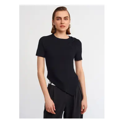 Dilvin Crew Neck Left Shoulder Gathered Short Sleeve Sweater-black