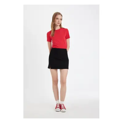 DEFACTO Coool High Waist Basic Plain Cotton Lined Slit Black Mini Shorts Skirt